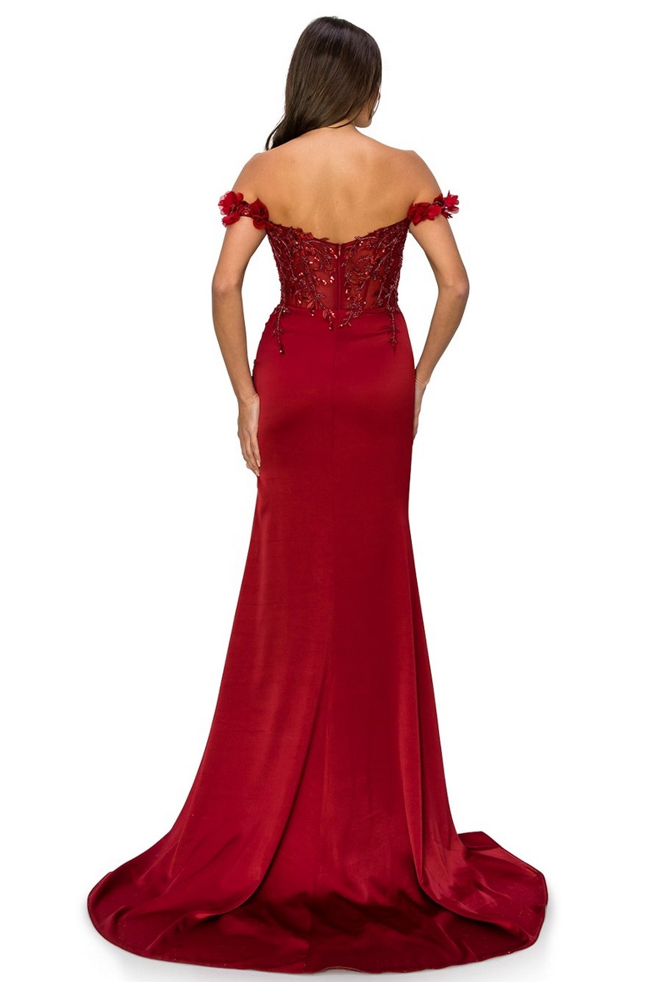 A woman stands with her back to the camera in the Off-the-Shoulder Floral Embroidered Prom Dress 8050J, featuring a floor-length silhouette, lace-up back, and beaded floral details.